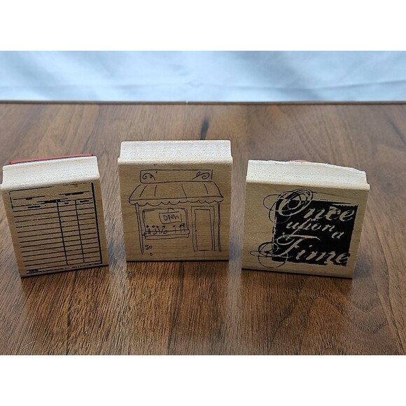 Three 2007 Club Scrap Wood Rubber Stamps- Once Upon A Time, Shop, And Ledger/log - Picture 1 of 16